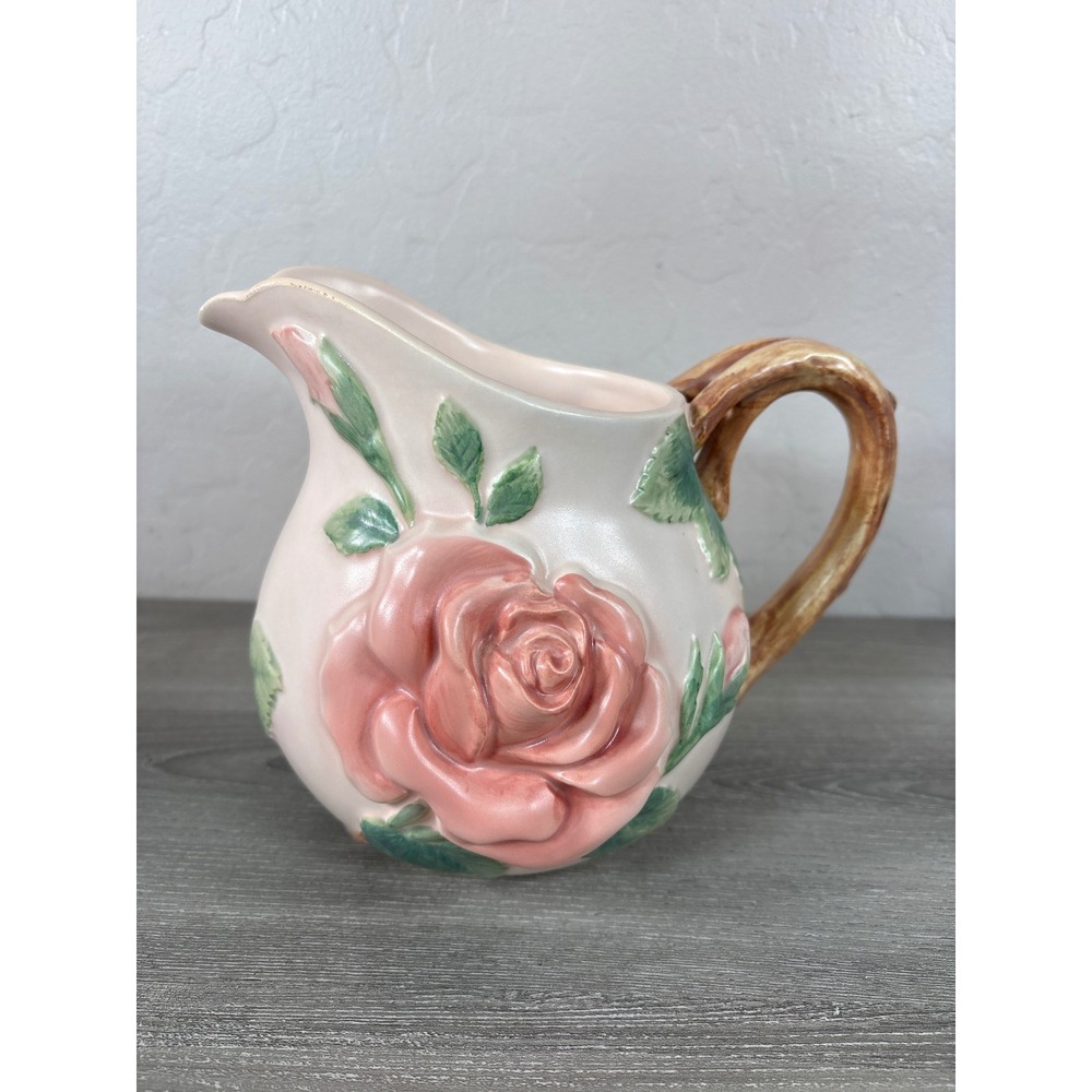 Vintage Fitz and Floyd 1987 Pink Rose Ceramic Pitcher 1.5 Quart Japan Decor